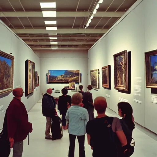 Prompt: wide - shot low - angle photo of visitors in museum looking at abstract paintings, 9 0 - s, polaroid photo