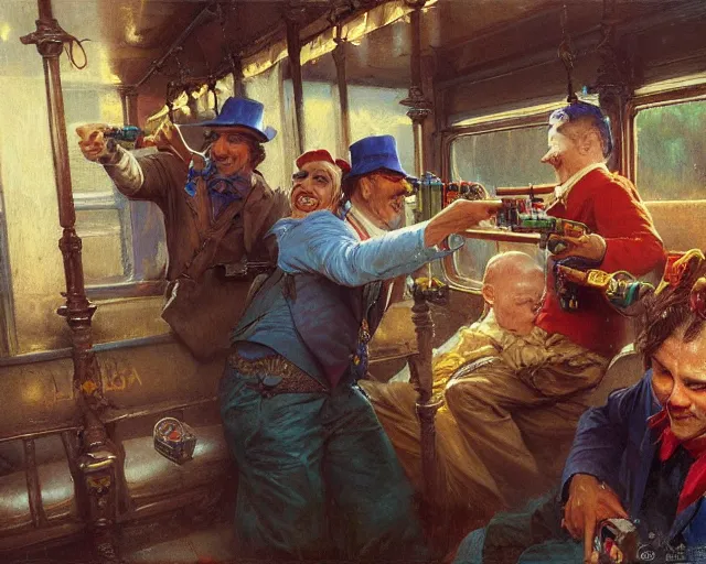 Prompt: clowns robbing inside a train using water guns, highly detailed painting by gaston bussiere, craig mullins, j. c. leyendecker 8 k