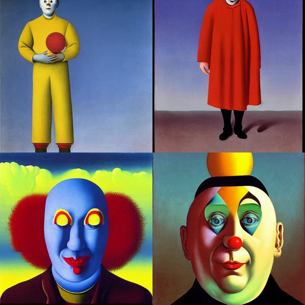 Prompt: painting of a Russian clown monk from the sect of absurdist existentialist christians, by rene magritte