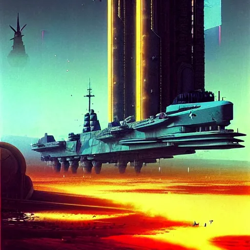 Image similar to war machines from a gate in hell, chris foss, john harris, hoover dam'aircraft carrier tower'beeple, wayne barlowe