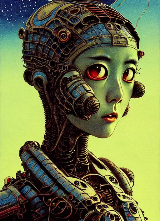 Prompt: japanese sci fi horror girl with big eyes, character portrait, portrait, close up, concept art, intricate details, highly detailed, vintage sci - fi poster, in the style of chris foss, rodger dean, moebius, michael whelan, and gustave dore