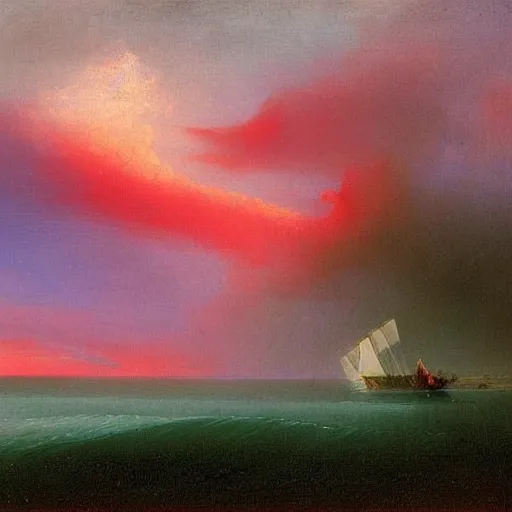 Prompt: red clouds and green ocean in iceland fjord with sailboat painting by ivan aivazovsky