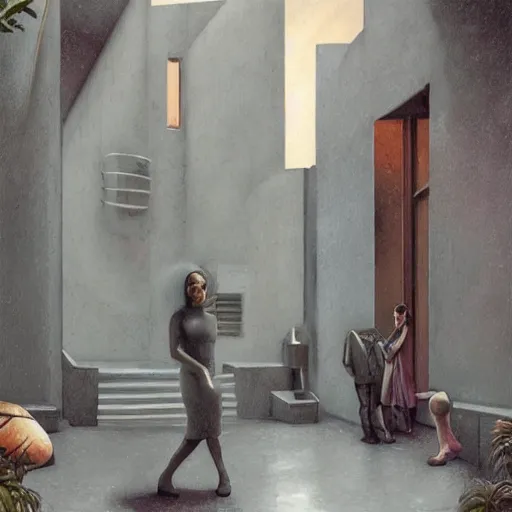 Image similar to detailed face of a woman with opalescent eyes in a brutalist courtyard with brushed steel sculptures at a science expo, atmospheric, ambient, pj crook, syd mead, livia prima, artgerm, greg rutkowski, nick alm, casey baugh