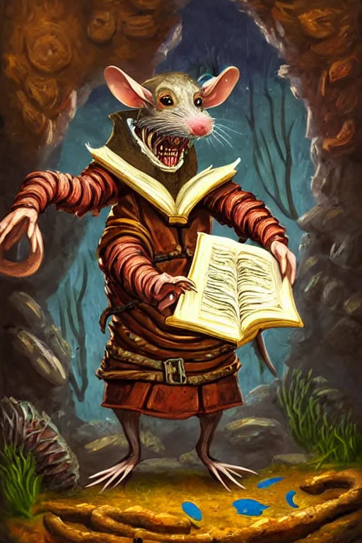 Prompt: classic oil painting, an anthropomorphic bipedal rat that is dressed as a medieval librarian, as a dnd character, standing under the sea, cottagecore, extremely detailed, digital illustration, concept art, readability, smooth, sharp focus, in the style of diablo 2