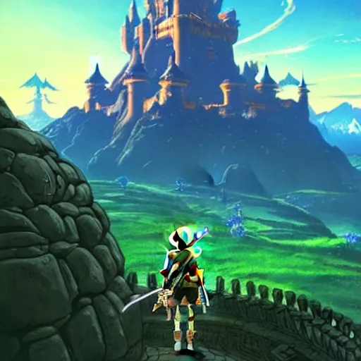 Image similar to An imposing and highly ornamented fantasy castle, Carved from Sapphire stone, Atmosphere, Dramatic lighting, Beautiful Landscape, Epic composition, Wide angle, by Miyazaki, Nausicaa Ghibli, Breath of The Wild