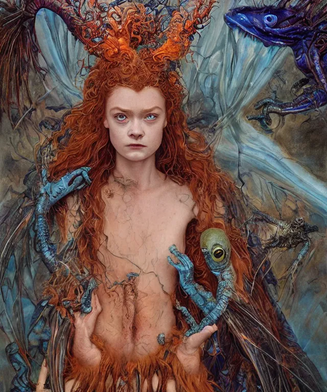 Prompt: a portrait photograph of a fierce sadie sink as an alien harpy queen with blue slimy amphibian skin. she is trying on evil bulbous slimy organic membrane fetish fashion and transforming into a fiery succubus amphibian bat. by donato giancola, walton ford, ernst haeckel, brian froud, hr giger. 8 k, cgsociety