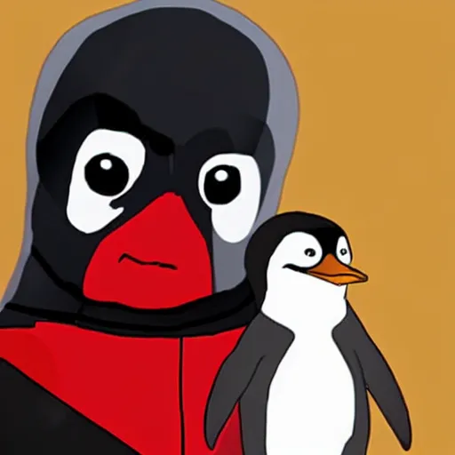 Prompt: a child of Deadpool and penguin would look like