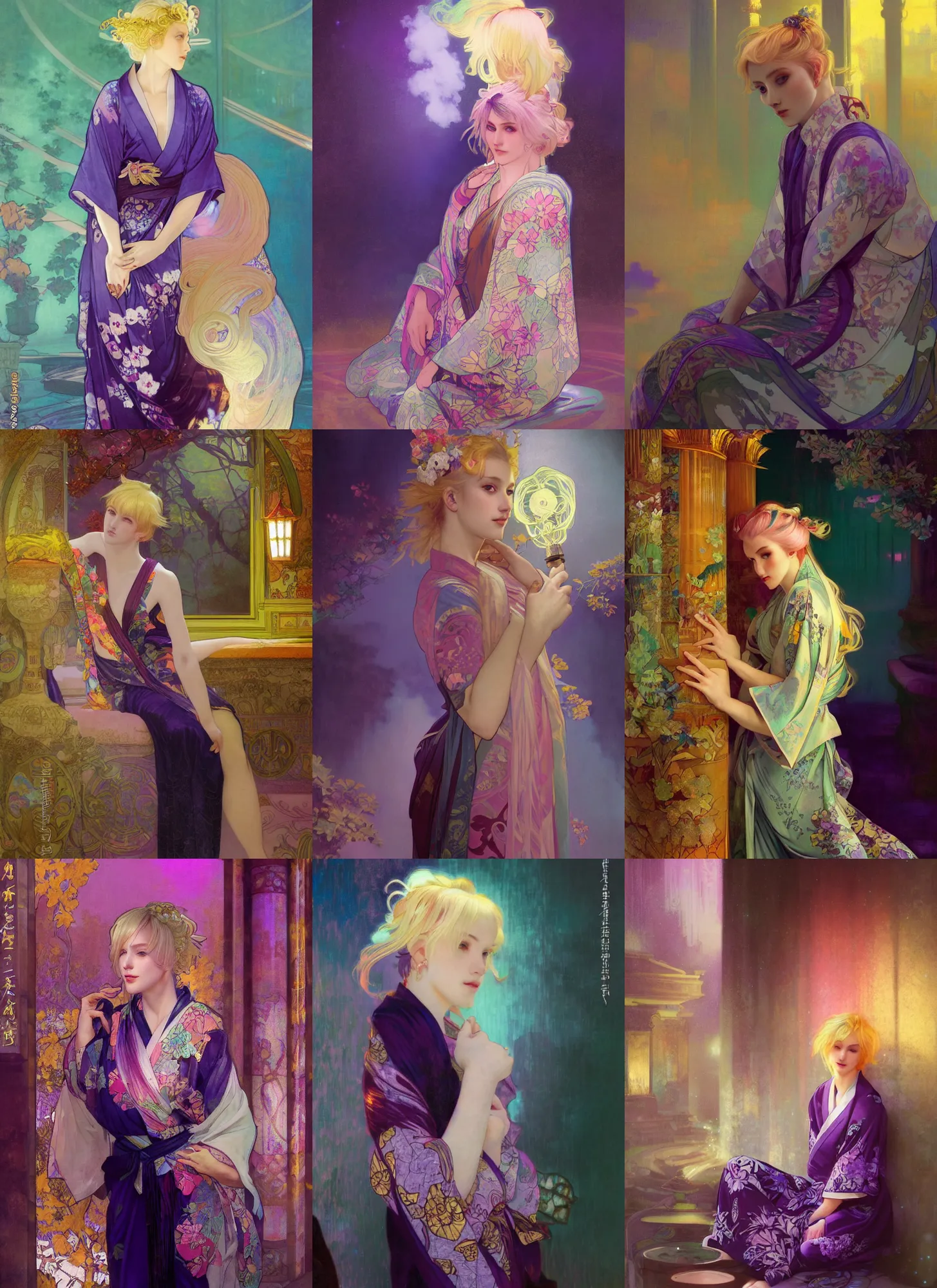 Prompt: a beautiful blond fearie wearing a colorful yukata at night, roman columns, dark moody purple lighting, vaporwave, by jeremy mann and alphonse mucha, dramatic lighting, ethereal, stunning, breathtaking, awe - inspiring award - winning, 8 k