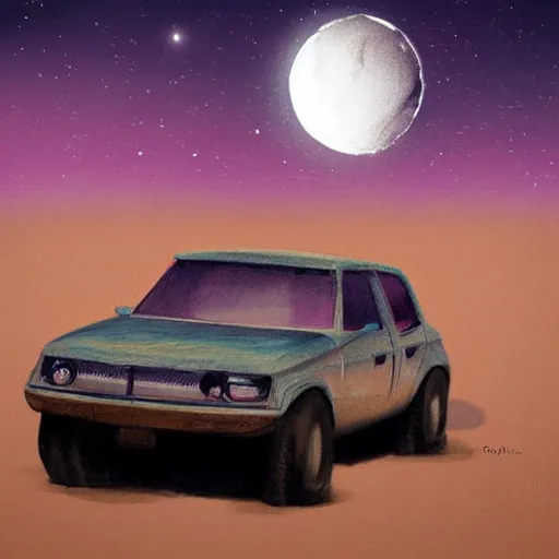 Image similar to car driving up mountain at night with moon in the sky, desert, old car, sketch, concept art, fantasy, intricate, highly detailed, digital painting, elegant