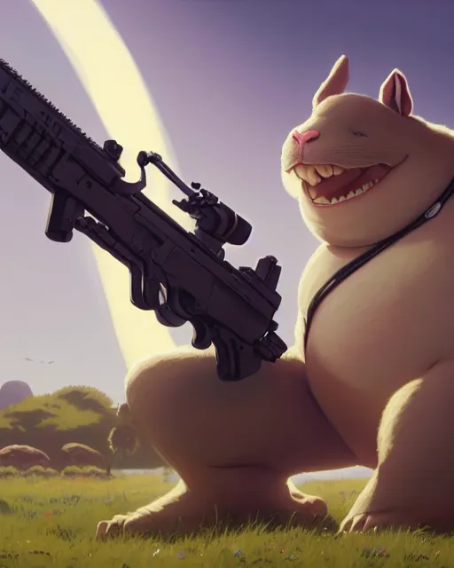 Prompt: highly detailed vfx portrait of a cute, happy big chungus, shooting two mac - 1 0 s, stephen bliss, unreal engine, greg rutkowski, loish, rhads, beeple, makoto shinkai and lois van baarle, ilya kuvshinov, rossdraws, tom bagshaw, global illumination, detailed and intricate environment