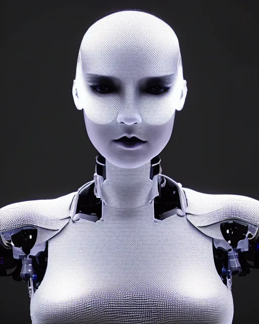 Prompt: portrait photo of female dancer as a cyberpunk mecha humanoid robotic head shoulder parts with straight linear led lights, inside white room, ultra - realistic and detailed, 8 k