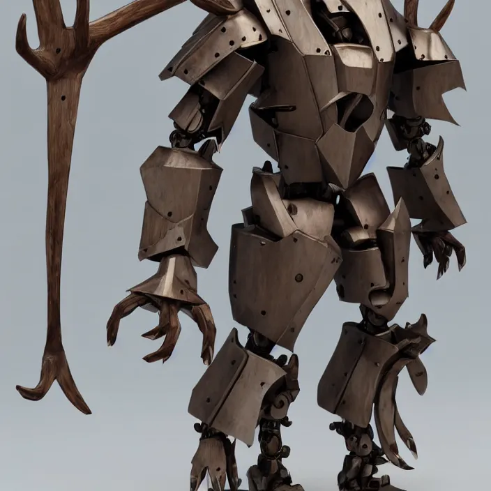 Image similar to warforged druid male anime character, wolf armor, wooden antlers, made of wood, made of metal, large robot, wolves, knight, medieval castle, wolf pack following, 3 d render beeple, realistic detailed octane render, pop up parade figure