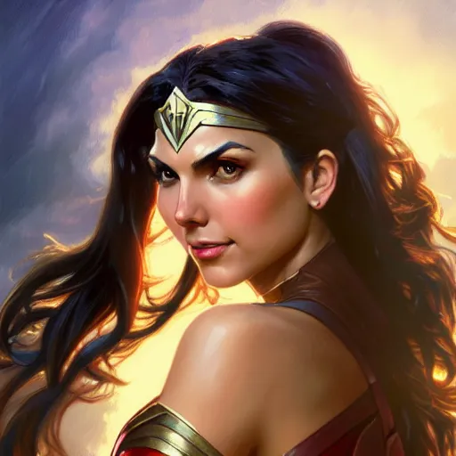 Image similar to Victoria Justice as Wonder Woman, western, D&D, fantasy, intricate, elegant, highly detailed, digital painting, artstation, concept art, matte, sharp focus, illustration, art by Artgerm and Greg Rutkowski and Alphonse Mucha