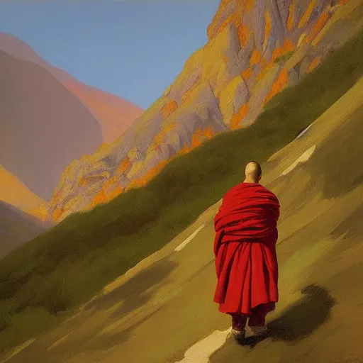 Prompt: sienna portrait of the astute monk crimson and sienna robe ascending the mountain to the monastery paro taktsang jamie wyeth james gilleard edward hopper oil painting