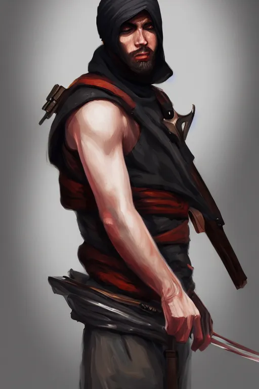 Prompt: a portrait of the male assassin, illustration, concept art, digital painting by Claire Hummel, trending on artstation, 4k, 8k, HD