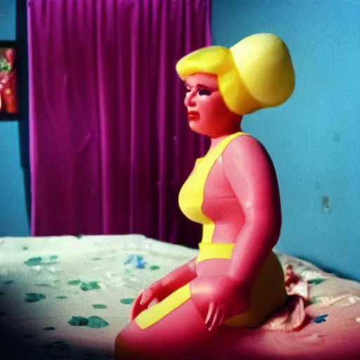 Image similar to bored housewife meets a confused inflatable toy in a seedy motel room, 1978 color Fellini film, ugly motel room with dirty walls and old furniture, archival footage, technicolor film, 16mm, live action, John Waters, campy and colorful