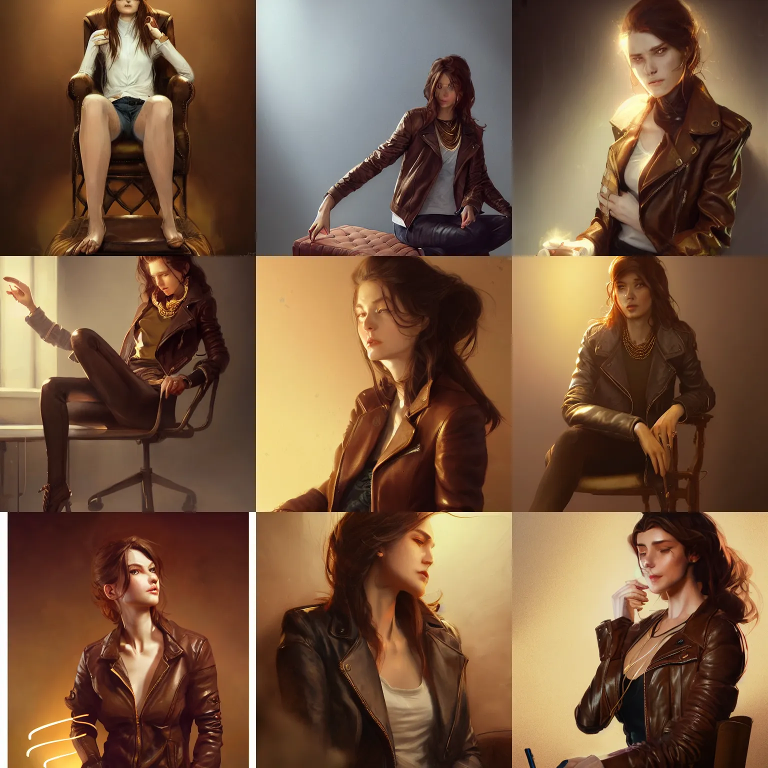 Prompt: woman with brown hair sitting in a chair wearing a leather jacket and a golden necklace, ultra high detailed, Greg Rutkowski, Charlie Bowater, Yuumei, Yanjun Cheng, hyperrealistic, dynamic lighting, fantasy art, beautiful face