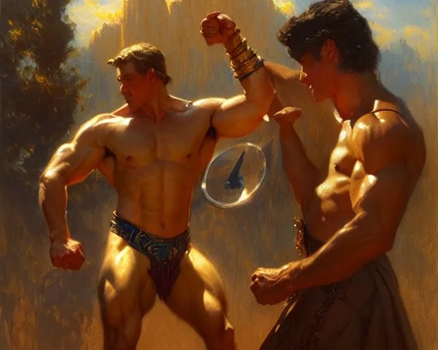 Image similar to regal magician man, casting light magic, summoning a muscular god. highly detailed painting by gaston bussiere, craig mullins, j. c. leyendecker 8 k