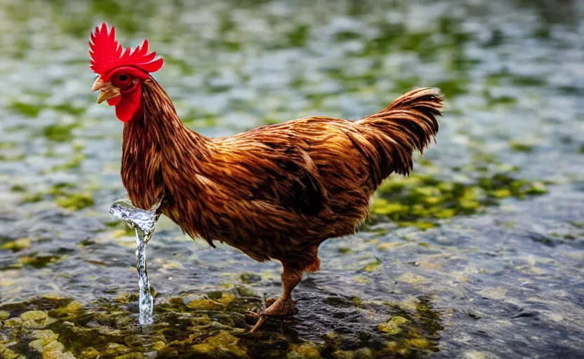 Prompt: Professional photo of a Close up photo of a chicken, drinking water from a lake in Tasmania, bokeh, 100mm lens, 8K award winning nature photography