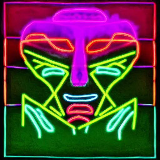 Image similar to digital art symmetrical demon face full of neon bright colours, in the dark, surrounded by smoke