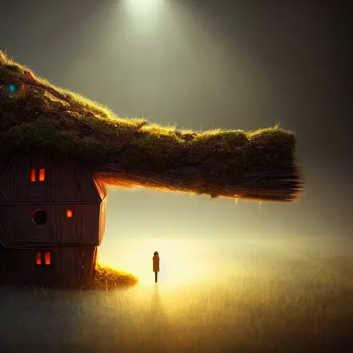 Prompt: a walking wood house with two mechanical legs and two glowing eyes and two hands, rust, hyperrealistic, pareidolia, highly detailed, cinematic, single ray of sun, fog, city in background, beautiful, cgssociety, artstation, 8 k, oil painting
