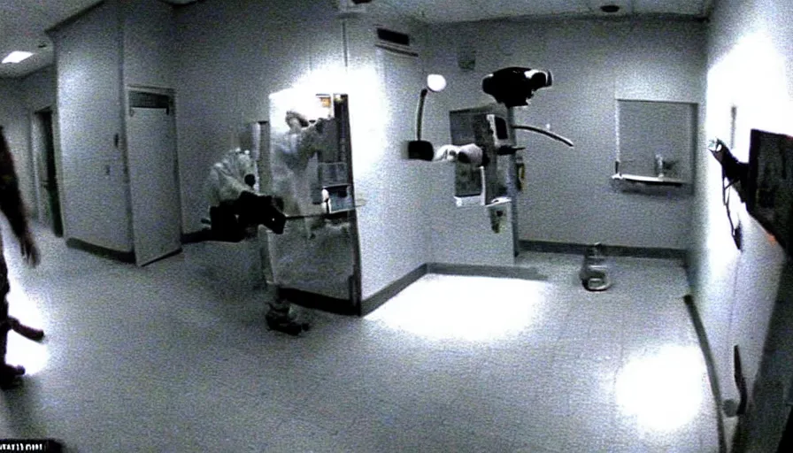 Image similar to a man being hospitalized by robots, by mini dv camera, very very low quality, heavy grain, very blurry, accidental flash, webcam footage, found footage, security cam, caught on trail cam