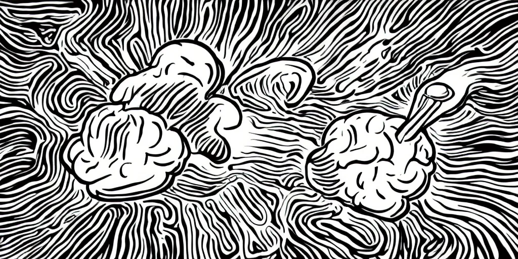 Prompt: a black and white drawing of a brain screaming at a loaded pistol, behance contest winner