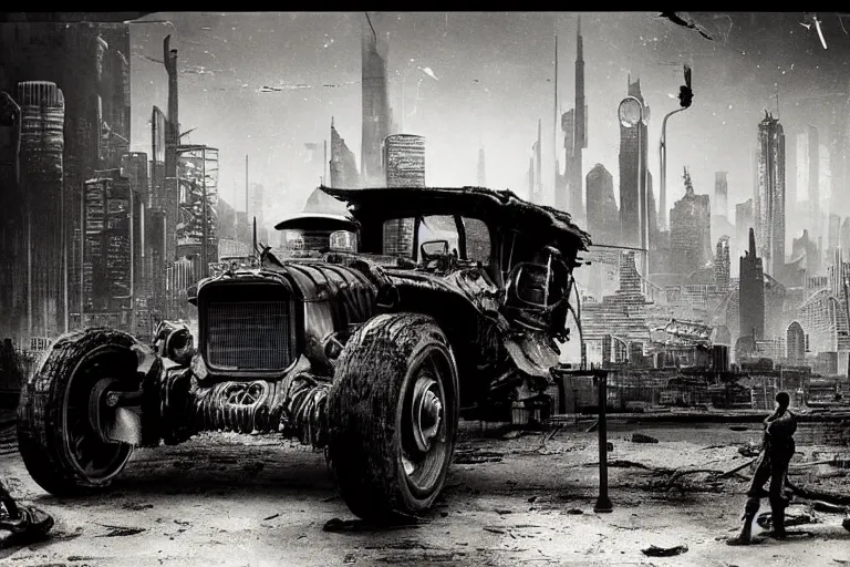 Image similar to cyberpunk 1 9 0 8 model ford t by paul lehr, jesper ejsing, metropolis, mad max, parked by view over city, vintage film photo, robotic, damaged photo, scratched photo, silent movie, black and white photo