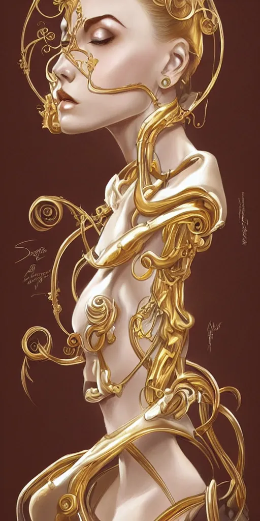 Prompt: beauty art nouveau woman, ivory and gold robotic, trending on artstation, by Artgerm