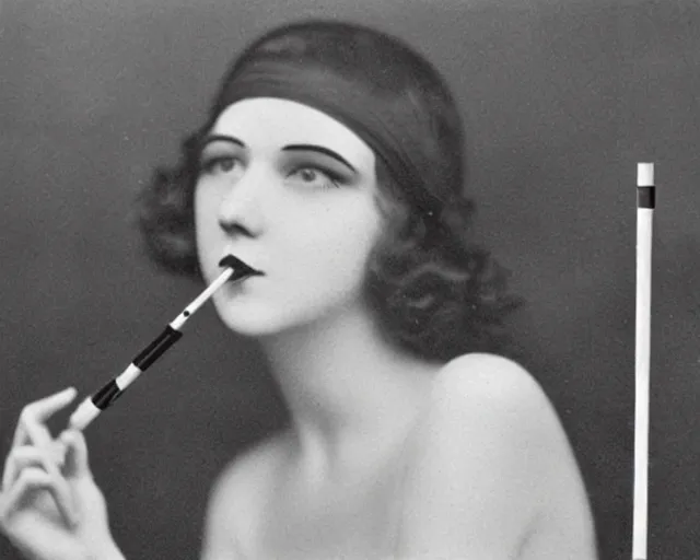 Prompt: 1 9 2 0 s photo of a flapper girl smoking a juul ecig