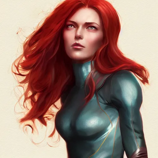 Image similar to jean grey, a half body of jean grey, comic, x - men, highly detailed, artstation, digital painting, vivid colors, realistic shaded perfect face, soft lighting, atmospheric, cinematic, moody, in the style of krenz cushart, oil on canvas, 8 k