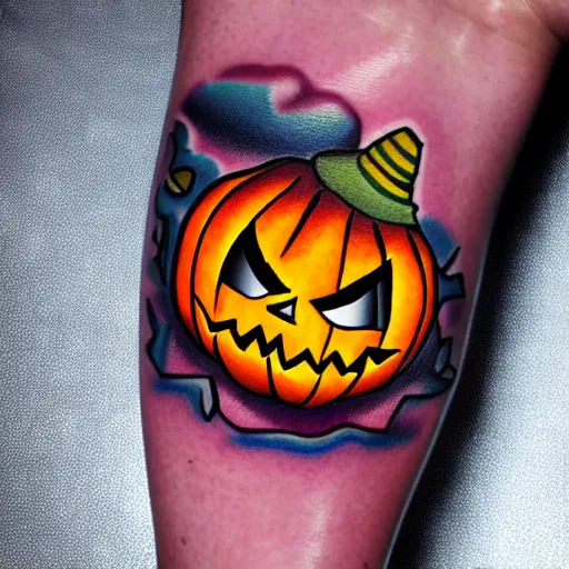 Image similar to cartoon tattoo of an angry pumpkin with glowing eyes