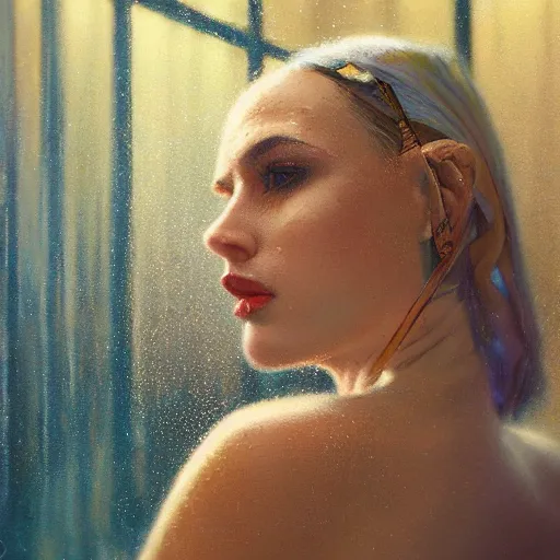 Image similar to detailed face of a woman clothed wrapped in textiles, lush, opulent, fauna, utopian, tech noir, wet reflections, prism, atmospheric, ambient, pj crook, syd mead, livia prima, artgerm, greg rutkowski, nick alm, casey baugh