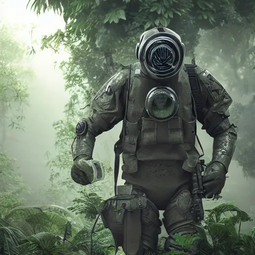 Image similar to a heavily armored man wearing a gasmask, walking through a lush jungle, realistic octane render, ray traced, god rays, extremely high detail