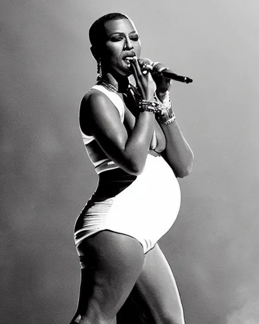 Prompt: “Kanye West pregnant while performing on stage, belly exposed, big belly”