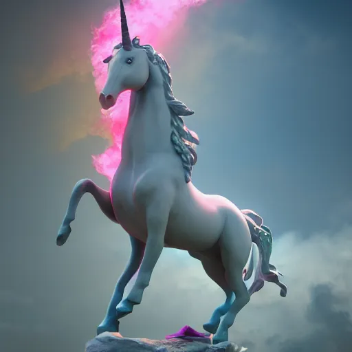 Image similar to a statue of a ramping unicorn sourrounding by a colorful smoke, victorian baroque, hyperrealistic, detailed, depth of field, High definition, 8k, depth of field, octane render, artstation