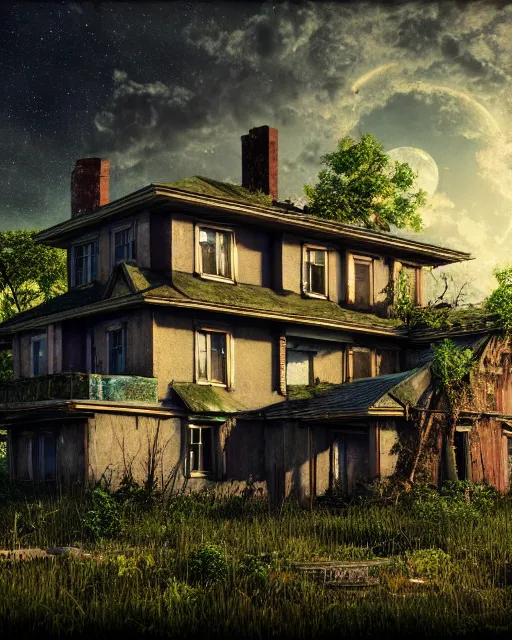 Image similar to a beautiful photorealistic render of single family detached house abandoned by albert bierstadt, reclaimed by nature retro nightsky gem liberty city atlantis architecture island apocalyptic nature cosmic sea, archdaily, wallpaper, highly detailed, trending on artstation.