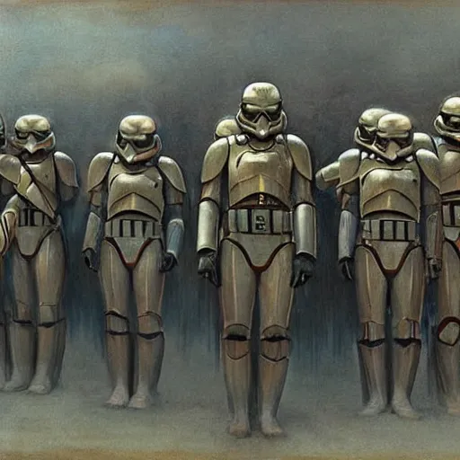 Image similar to study of star wars masked byzantine sutrmtroopers on the art deco streets of the giedi prime city of dune during the festival of masks, award - winning realistic sci - fi concept art by beksinski, bruegel, greg rutkowski, alphonse mucha, and yoshitaka amano