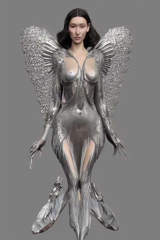 Image similar to a highly detailed 8 k render of a beautiful angel alien goddess bella hadid in iris van herpen dress schiaparelli in diamonds in style of alphonse mucha trending on artstation made in unreal engine 4