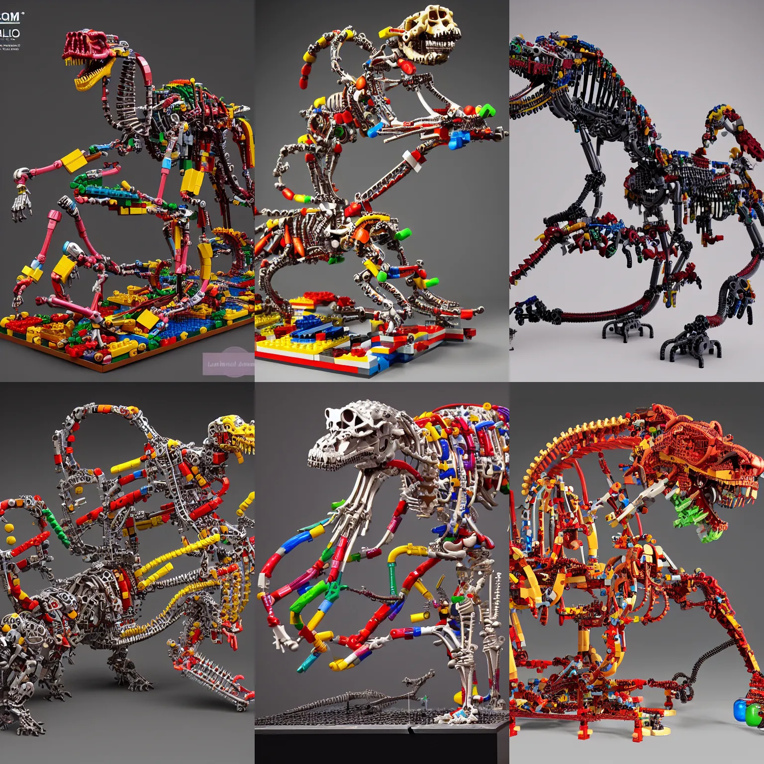 Prompt: Simple chrome mechanic bionic lego dinosaur skeleton dissection sculpture made from rollercoaster, with colorfull jellybeans organs, cables, wires and tubes, by david lachapelle, by angus mckie, by rhads, in a dark empty black studio hollow, c4d, at night, rimlight, rimight, rimlight