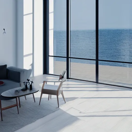 Prompt: minimalist interior design, scandinavia style, living room with window facing the sea and sun, photorealistic, ultra - detailed, 4 k high resolution, hdr shot, unreal engine rendering 4 k