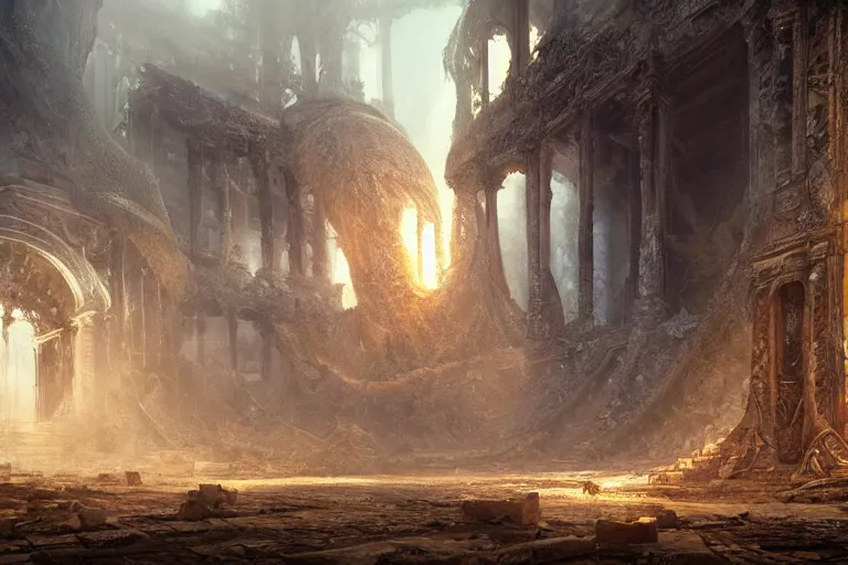 Prompt: ultra realist soft painting of a single lovecraftian gigantic creature, inside ruins, very intricate details, dense fog, golden ratio, volumetric cinematic lighting, reflections, refractions, symmetry accurate anatomy features, omnious background, unreal render