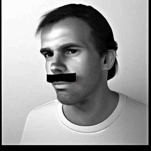 Prompt: A mugshot portrait of a man who looks like Jerma985 with short length wavy hair and a slightly receded hairline and bangs, has a chevron mustache and wearing mid 1980s menswear in the late 1980s, taken in the late 1980s, grainy, realistic, hyperrealistic, very realistic, highly detailed, very detailed, extremely detailed, detailed, trending on artstation, front facing, front view, headshot and bodyshot, detailed face, very detailed face