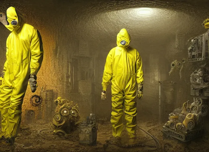 Image similar to a man in a yellow hazmat suit with a highly detailed Cthulhu Eldritch demon with many eyes and tentacles in an underground brutalist storeroom, highly detailed, intricate, cinematic, wide angle, grime, symmetrical and centered, front facing camera, epic lighting, Unreal engine render in 8k by Zdzslaw Beksinski and Wayne Barlowe