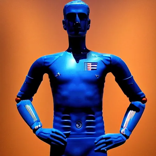 Image similar to “ a realistic detailed photo of a guy who is an attractive humanoid who is half robot and half humanoid, who is a male android, soccer player antoine griezmann, shiny skin, posing like a statue, blank stare, at the museum, on display ”