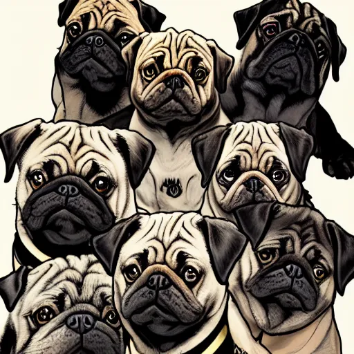 Prompt: self portrait showing family of pugs illustrated by yoji shinkawa, extra details, colored, 4 k, dynamic lighting