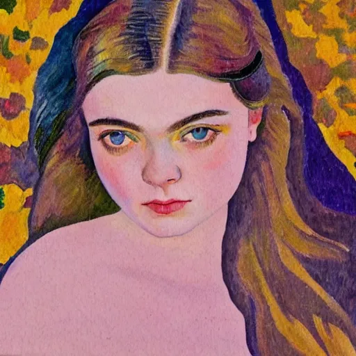 Image similar to professional painting of Elle Fanning in the style of Henri-Edmond Cross, head and shoulders portrait, symmetrical facial features, smooth, sharp focus, illustration, intricate, stormy weather, extremely detailed masterpiece,