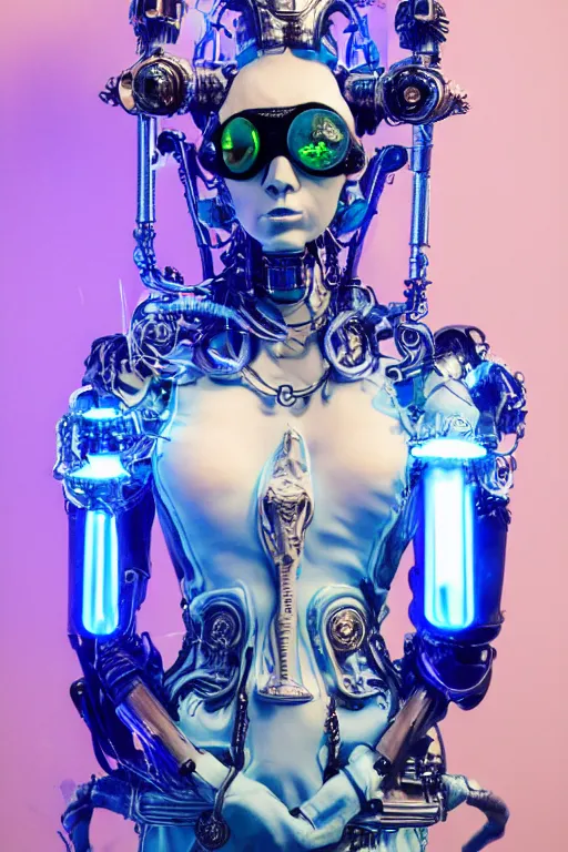 Image similar to full-body porcelain baroque space futuristic style sculpture of a young beautiful goddess as a half-robot wearing cholo shades, blue glowing lips, mechanical fingers, oozing neon radioactive liquid, electric sparks, glowing hot magenta laser beam eyes, blue diamonds, golden steampunk necklace with a glowing white crystal orb, flowing pink satin, industrial fabrics, mechanical plants. baroque and steampunk elements. full-length view. baroque element. intricate artwork by caravaggio. Trending on artstation, octane render, cinematic lighting from the right, hyper realism, octane render, 8k, depth of field, 3D