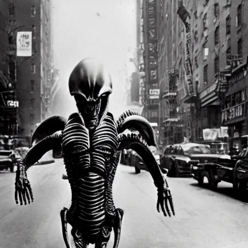 Image similar to old black and white photo, 1 9 1 3, depicting a xenomorph from the movie aliens rampaging through the bustling streets of new york city, historical record