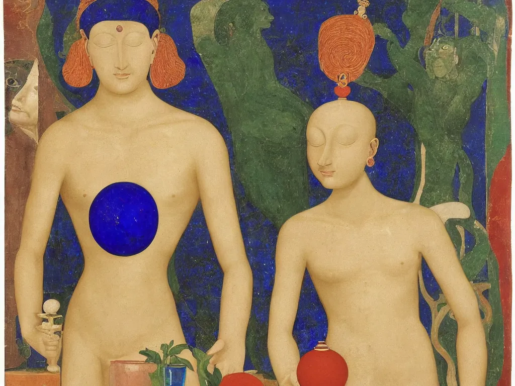 Image similar to Portrait of a Tantric deity with ceramic vase. Lapis Lazuli, malachite, cinnabar. Painting by Piero della Francesca, Agnes Pelton